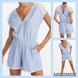 Abercrombie & Fitch Powder Blue & White Stripes Creamy Lace Short Romper Medium